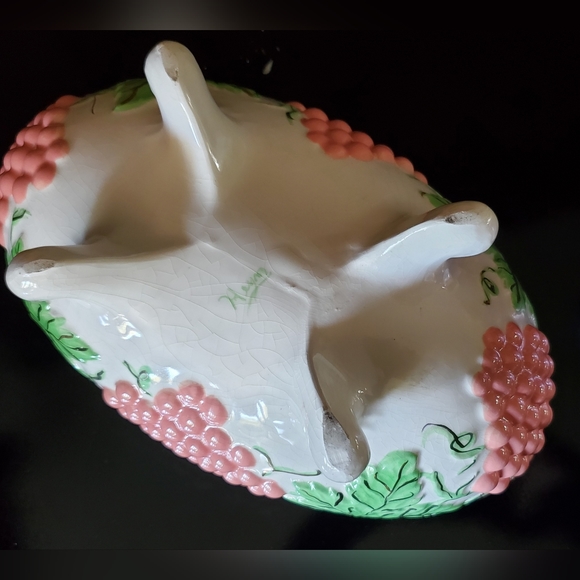 Vntg Handpainted Ceramic Centerpiece Bowl Pink Grapes🍇 Green, Gold Irredescent - Picture 8 of 15